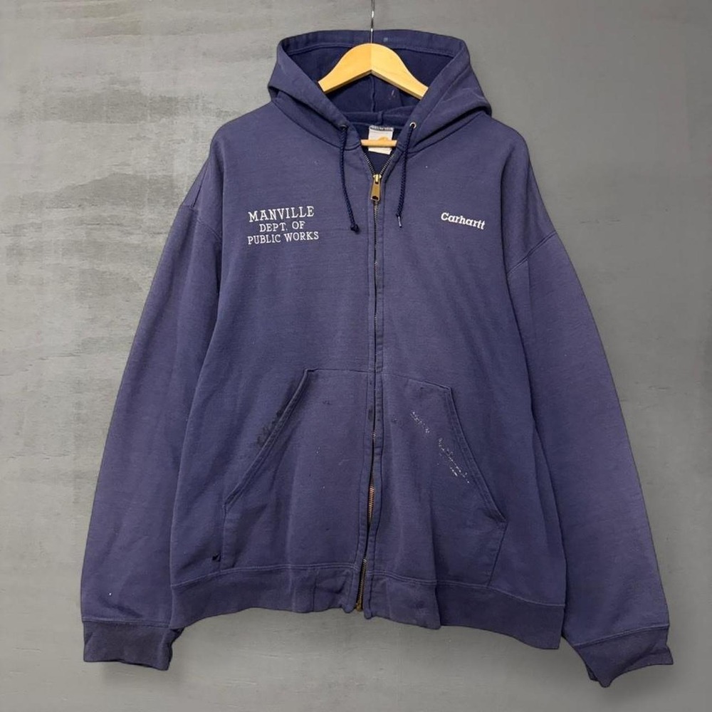 Vintage Carhartt Full Zip Hoodie Navy Blue Distressed 90s Sweatshirt XL